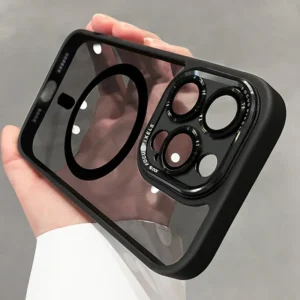 Coque de protection pare-chocs à lentille magnétique en métal de luxe pour iPhone, charge sans fil, coque transparente rigide, iPhone 16, 15, 14, 13, 12, 11 Pro Max, 16 Plus
