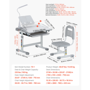 Kids Study Chair and Desk Set Study Desk and Chair for Kids with Table Lamp Adjustable Height for Bedroom & Study Room